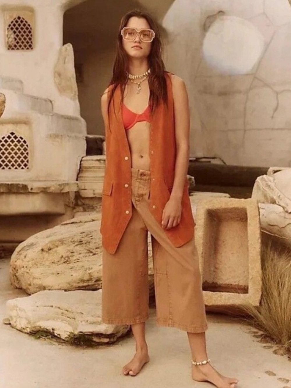 Free People Hard Rain Gaucho pants wide-leg cropped camel brown Women’s size 2